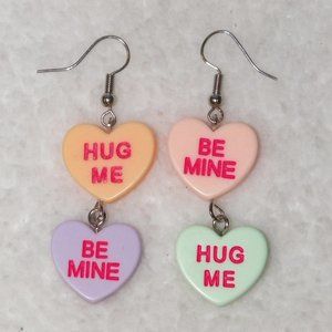 Double Valentine Conversation "Candy" Hearts Earrings Silver Dangle